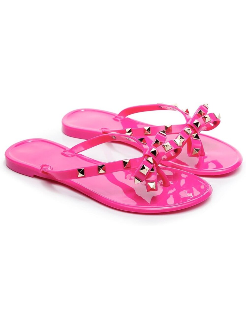 Women's Hot Pink Thong Open Toe Jelly Bow Stud Slip On Studded Flat Sandal Shoes